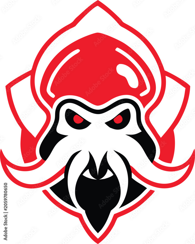 Fototapeta premium Fierce octopus head logo with red eyes and sharp tentacles