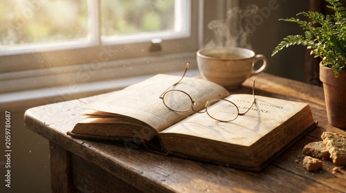 A serene morning scene with an open book, steaming cup of coffee, and glasses on a rustic wooden table by a sunny window.