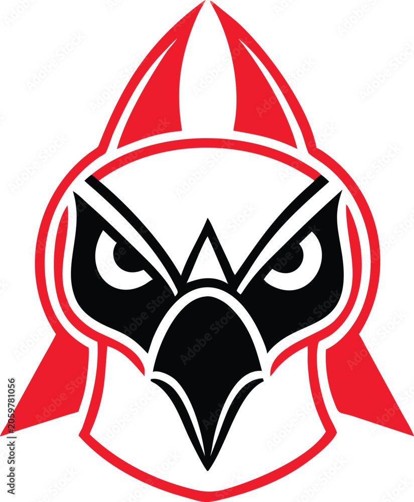 Fototapeta premium Fierce red and black eagle or hawk head logo with menacing eyes symbolizing speed, agility, and predatory power