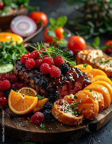A vibrant plate of food with fruits and vegetables