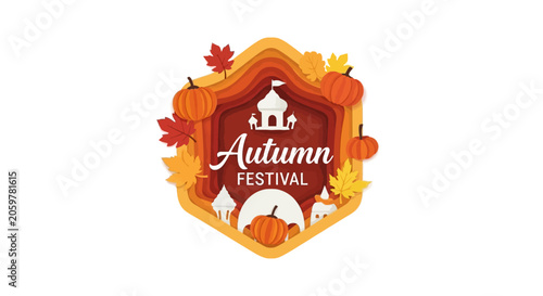 Autumn festival emblem with pumpkins and maple leaves