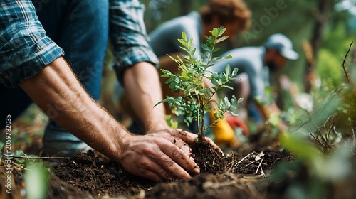 Close up of volunteers hands planting a young tree in the forest.