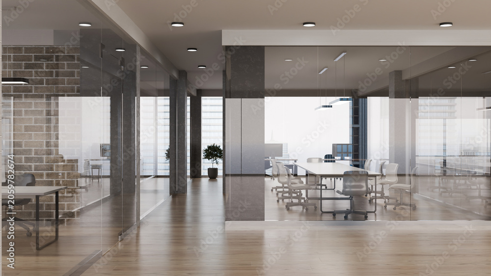 Naklejka premium 3D Render of Modern Open Office Workspace with Glass Partitions, Conference Room, and Brick Wall Interior Design