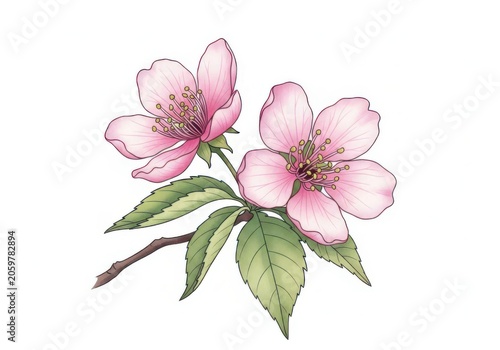 Beautiful pink cherry blossom flowers on a branch isolated on white background