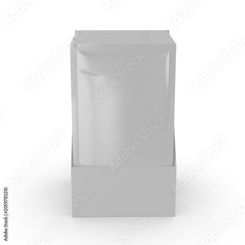Blank Sachet Packet Display Box Mockup with Multiple Pouches, 3D Render Illustration. White retail countertop display carton holding a series of stand-up sachet packets. 