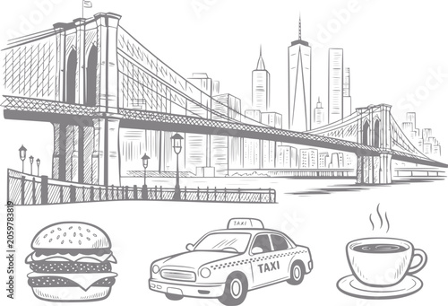 Cuadro en lienzo New york city brooklyn bridge, taxi, burger, and coffee