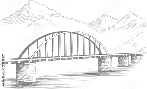 Of a bridge spanning a river with mountains in the background