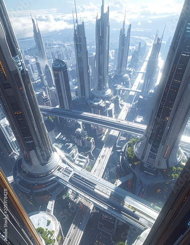 A futuristic cityscape with sleek skyscrapers and elevated walkways (2)