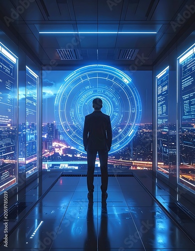 A futuristic man in a high-tech room with a large blue circle