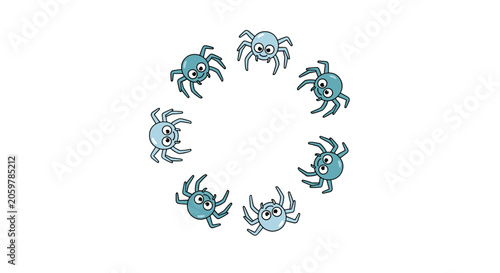 Circular arrangement of adorable blue cartoon spiders with friendly eyes creating a playful wreath on a white background for children.