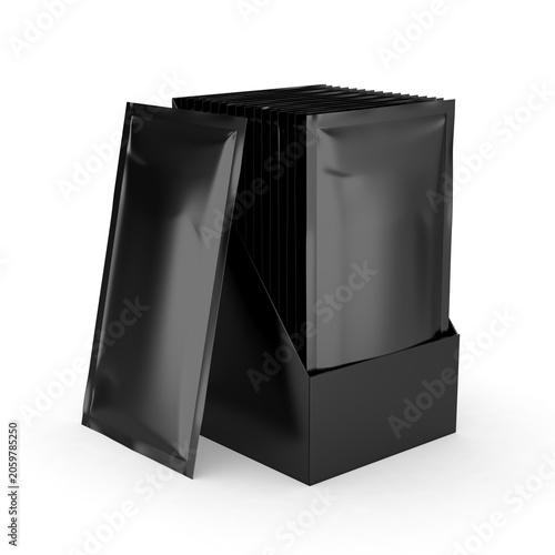 Blank Sachet Packet Display Box Mockup with Multiple Pouches, 3D Render Illustration. White retail countertop display carton holding a series of stand-up sachet packets. 