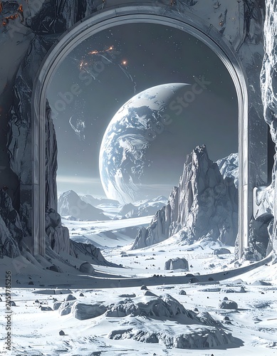 A futuristic window to a moonlit alien landscape
