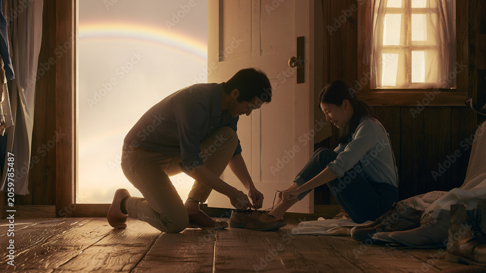 Fototapeta premium A caring young man kneeling to tie a woman's shoelaces in a cozy rustic cottage with a rainbow view.