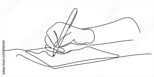 Hand writing with pen on paper, continuous line art