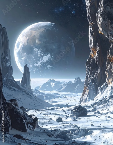 A large moon overlooks a snowy, rocky alien landscape