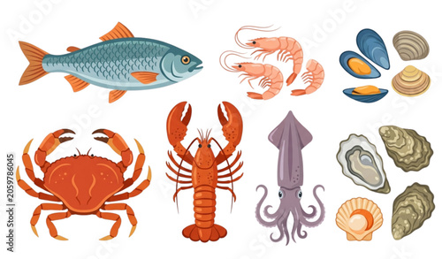 Foto Seafood creatures and mollusks illustrations