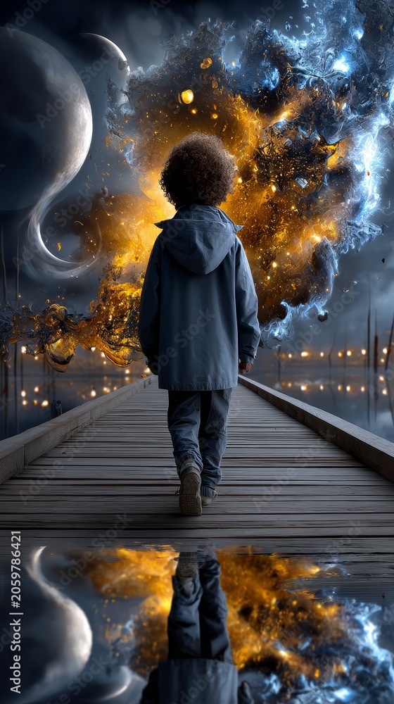 Obraz premium A child walks on a wooden pier toward a cosmic explosion of fire and ice, with a surreal background reflecting inner turmoil and wonder.