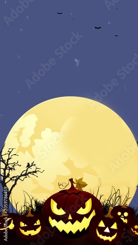 Creepy Pumpkin Halloween Event Background with Full Moon and Flying Bats