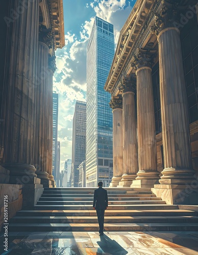 A man in a suit stands on steps between ancient columns and skyscrapers