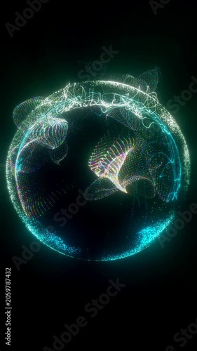 Holographic particle sphere with swirling colorful waves inside. Perfect concept for quantum computing, AI brain, global network, and high-tech animation.