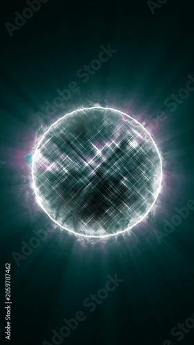 Energetic circular bright orb surrounded by neon flashes and shining grid lines. Ideal for science fiction, technology, power source, or mystical concepts.