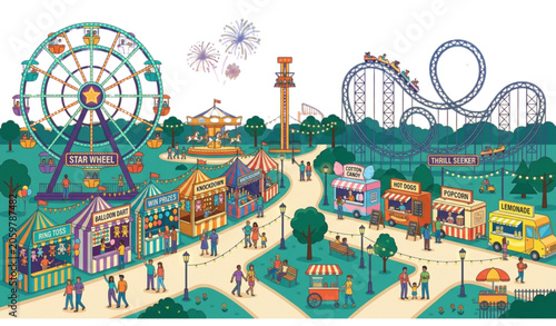 Photos Vibrant illustration of a lively amusement park with rides and attractions