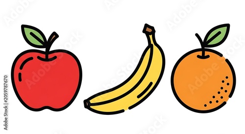 Fresh fruits apple banana and orange with leaves.
