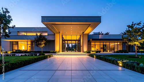 A modern house with a large driveway and lit entrance