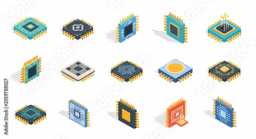Slika na platnu Collection of isometric computer processors and microchips with gold pins on a white background