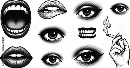 Canvastavla Vintage halftone pop art design elements set featuring screaming mouth biting li