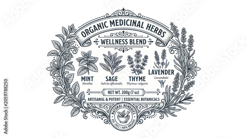Organic medicinal herbs label with vintage botanical sketches