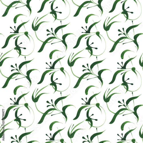 Floral vector seamless pattern from green branches and leaves on a white background 