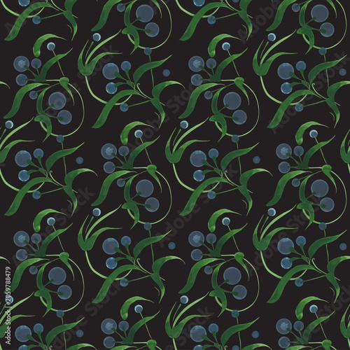 Floral vector seamless pattern from blueberry branches and leaves on a black background 