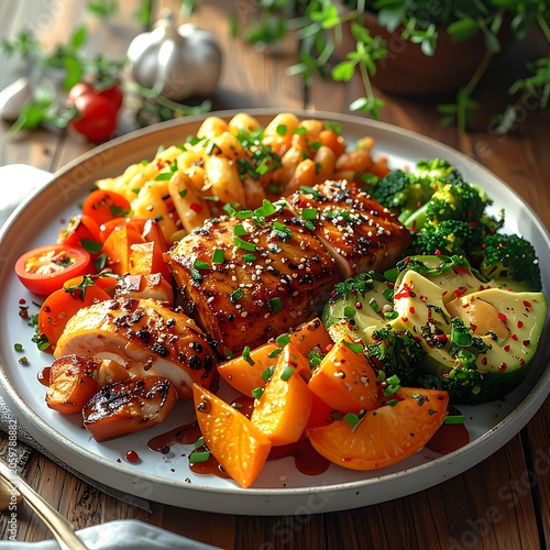 A plate of grilled meat with vegetables and herbs on a wooden table