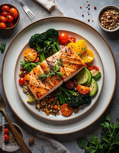 A plate of grilled salmon with vegetables and herbs