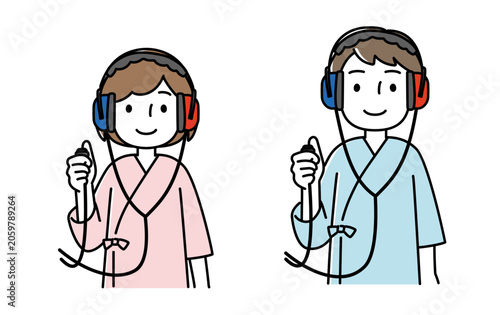 検査着を着て聴力検査をする男女のイラスト