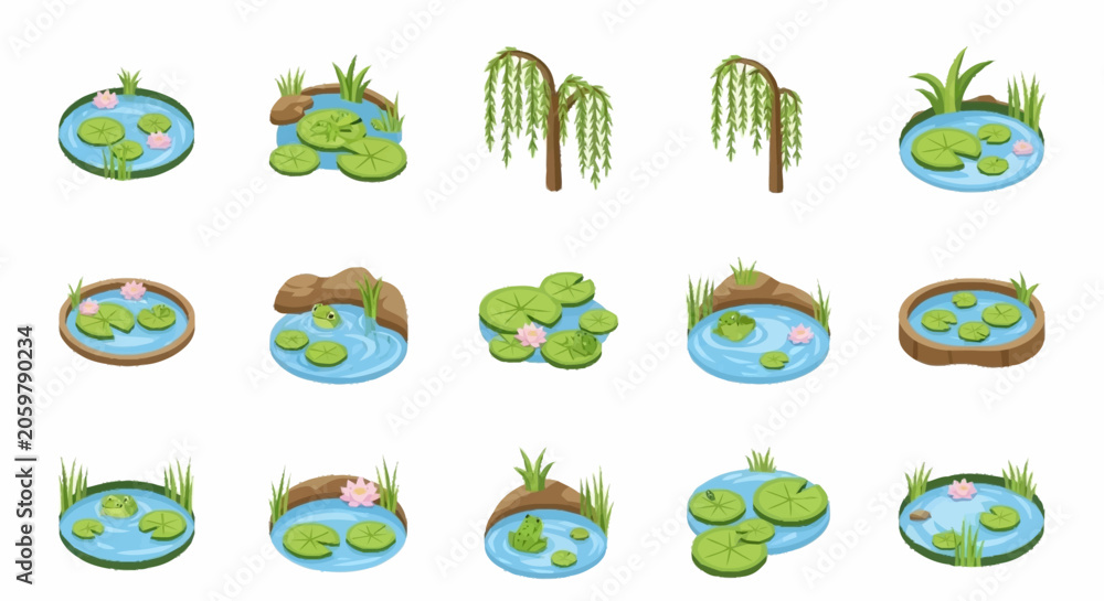 Obraz premium Collection of stylized ponds with water lilies and weeping willow trees, isolated on white background.