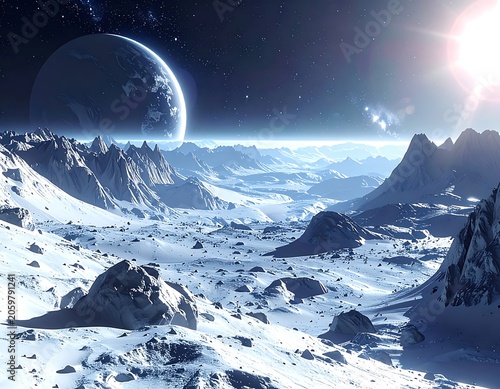 A snowy mountainous landscape on a distant planet with a large moon