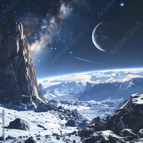 A snowy mountainous landscape under a starry night sky with a crescent moon