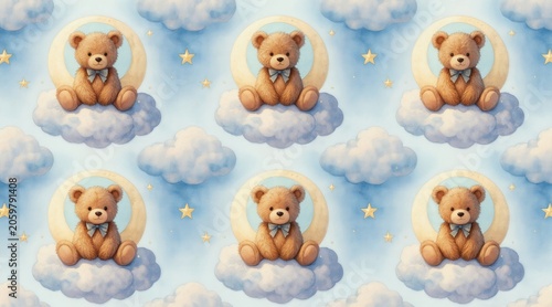 Fluffy teddy bears sit on soft clouds under a pale moon and starry sky. This cute seamless pattern is perfect for baby rooms textile or shower invitations.