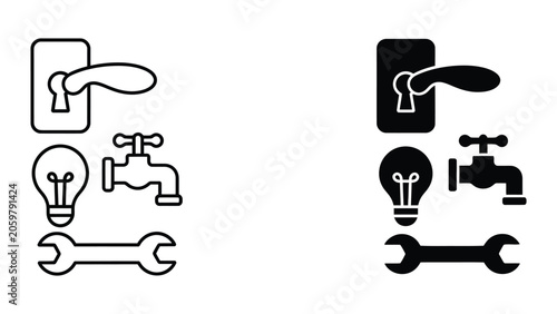 Essential household maintenance and utility icons featuring door handle water faucet and light bulb in outline and solid black styles for home renovation and property management graphic design