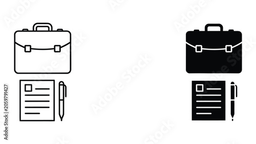 Professional business briefcase with document and pen icons in outline and solid black styles for corporate branding financial services and administrative office communication design projects