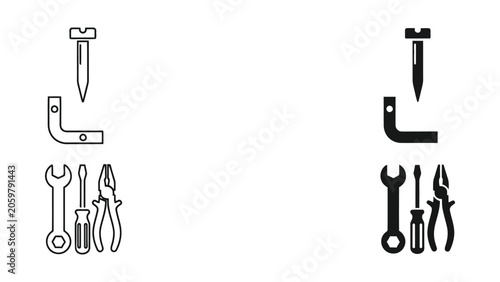 Carpentry tools and fasteners vector icons set with hammer chisel and workbench for woodworking and construction projects