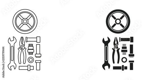 Construction tools and plumbing parts vector icons collection for repair and maintenance services with wrench pliers and pipe fittings