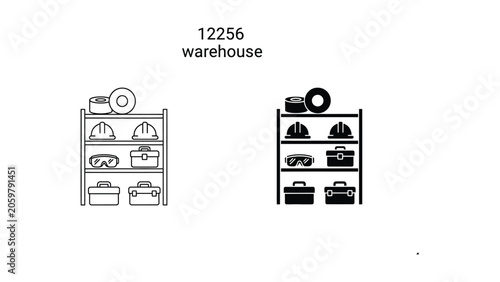 Warehouse storage rack with safety equipment and storage containers vector icons for logistics and inventory management