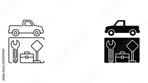 Vehicle and accessibility icons set with pickup truck and mobility aids vector graphics for transportation and assistance services