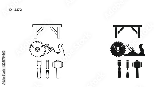 Woodworking tools and bench vector graphics set with saw plane and hammer for carpentry and DIY projects