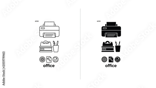 Office equipment and supplies vector icons for business and administrative tasks including printer paper and pens