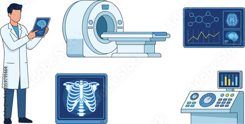Medical diagnostic equipment vector set featuring doctor checking brain scan CT scanner MRI machine x-ray and ultrasound monitor symbols