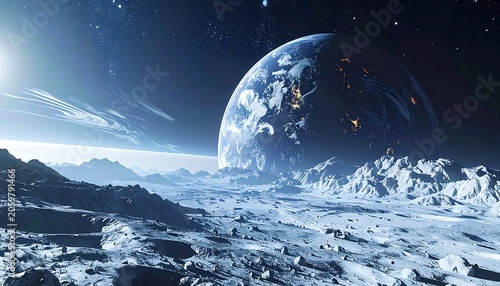 A stunning celestial landscape featuring a large planet and a rocky surface